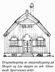 Lia (Voksenlia) og Skogen stasjon hadde lik stasjonsbygning tegnet av Erik Glosimodt. Originaltegning av fasade.Fra Sporveienes arkiv