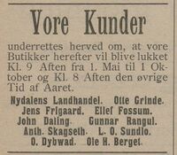 Lukketider for butikker i Åsen og Skogn. Nordre Trondhjems Amtstidende 19. mai 1908.