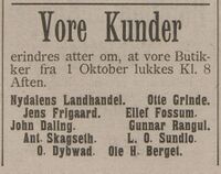 Lukketider for butikker i Åsen og Skogn. Nordre Trondhjems Amtstidende 22. september 1908.