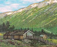 Frå Brennsetra ved Liavatnet i Skjåk. Ivar Lund 1899. Setra tilhøyrde garden Austin der målaren var fødd og oppvaksen. I privat eige.