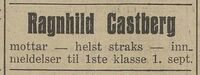Annonse for Ragnhild Castberg Privatskole 01.03.1931 Sandefjords Blad