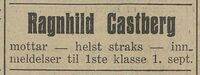 Annonse for Ragnhild Castberg Privatskole i Sandefjords Blad, 1. mars 1931.