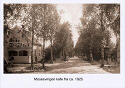 Måsasvingen inn mot Storgata med Mosesvingen kafé 1925. Postkort av Carl Normann, Hamar.