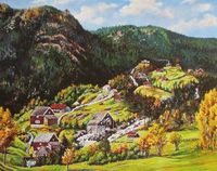 Møllene i Solbergelva. Maleri av Bjørn Kristoffersen etter gammelt foto.