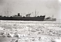 MS Texas (Wilhelm Wilhelmsen) ligger i isen rett ved land utenfor Filtvet sist i februar 1954. En svensk eller finsk lastebåt, i charter for Fred Olsen, passerer rett på utsiden på vei ut. (Foto: Ivar K Iversen)