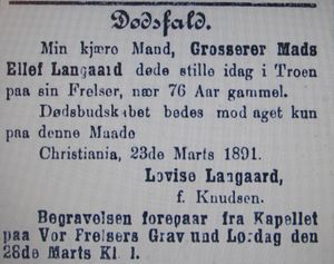 Mads Langaard dødsannonse Aftenposten 1891.JPG