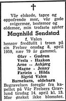Faksimile fra Stavanger Aftenblad 11. april 1959: dødsannonse for Magnhild Sendstad