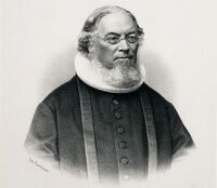 Portrett av Magnus Brostrup Landstad på et litografi av Johan Nordhagen. Foto: Oslo Museum (rundt 1870).