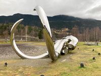 Den flotte metallskulpturen ”Mammuten” av kunstneren Linda Bakke er en tro gjengivelse av en mammuthodeskalle, gjenskapt i dobbel størrelse. Linda Bakke (f. 1973) fra Stange jobber med skulptur og kunst i offentlige rom-prosjekter som er stedsspesifikke, visuelt slående og gjerne ladet med mytisk, historisk eller fabulerende innhold. Fåvang i Gudbrandsdalen er det stedet i Norge med flest registrerte mammutfunn. Den flotte skulpturen ligger ved Badedammen, like ved avkjøring fra E6 til Fåvang sentrum. Foto: Svend Aage Madsen (2020).