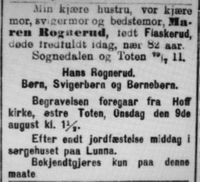 Dødsannonsen til Maren Rognerud, født Flaskerud. Fra Aftenposten 2. august 1911.