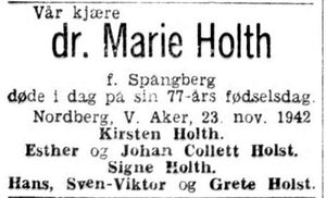 Marie Holth dødsannonse Aftenposten 1942.jpg