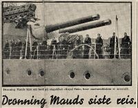 Faksimile fra Nordlandsposten 28. november 1938; utsnitt av omtale av dronnings Mauds siste reise. Hennes båre ble fraktet fra England til Norge med det britiske krigsskipet HMS Royal Oak.