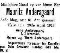 Mauritz Andersgaards dødsannonse, Aftenposten 2. mai 1913.