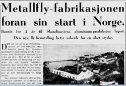 Metallflyfabrikasjon i Norge, melder Aftenposten 29.04.1939.