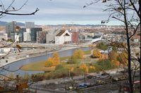 Middelalderparken sett fra Ekebergskråningen. Barcode i bakgrunnen. Foto: Chris Nyborg (2013).
