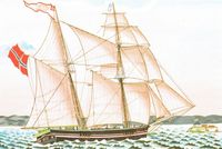 «Mina Testmann» (36 kl.), bygd i 1815 i Christiansund for reiar J.F. Roshouw i Trondhjem. (Ukjent kunstnar.)