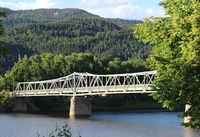 Mjøndalsbrua sett fra Drammenselvas søndre bredd, sommeren 2016. Foto: Stig Rune Pedersen '
