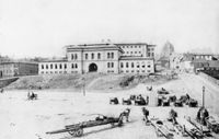 Møllergata 19 under bygging i 1866, før arkadene var på plass.