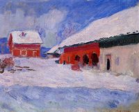 Claude Monets maleri av de røde bygningene på Bjørnegård hvor han bodde i pensjon hos Jenny Bjørnson vinteren 1895.