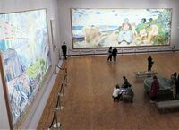 Motiv fra utstillingene i det nye museet i Bjørvika; sal med monumentalverker av Munch (forarbeider til aula-utsmykningen). Foto: Stig Rune Pedersen (2022)