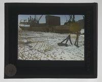 NPRA173. "Hobby" ved iskanten i Ny-Ålesund. På dekket står de store kassene med Dornier-Wal-flyenes vinger. På isen er det spor etter flyene som har blitt dratt opp til den såkalte monteringsplassen. Vingene ble senere losset ved kaia. Foto: Nasjonalbiblioteket