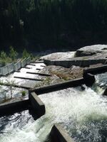 Norges lengste laksetrapp fra 1975 ved Nedre Fiskumfoss kraftverk i Namsen. Foto: Sissel Riibe/NVE (2009).