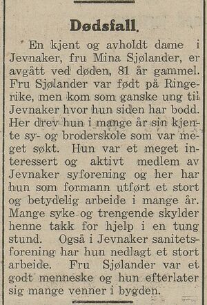 Nekrolog over Mina Sjølander i Hadeland (avis) 26.11. 1938.jpg