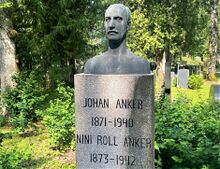 Gravminne for Johan August Anker (1870–1941) og Nini Roll Anker (1873–1942). Hun var to ganger inngifta i Anker-slekta. Foto: Stig Rune Pedersen (2012)