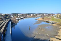 Nitelva med svært lav vannstand i mars 2014.