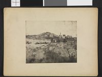 Utsikt mot byen med inuitter på land og i kajakker.