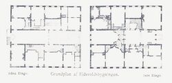 Grunnplan for første og andre etasje av Eidsvollsbygningen. Illustrasjon fra boka Eidsvold Værks og Eidsvoldsbygningens historie gjennem tiderne av Albert J. Lange