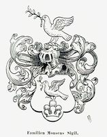Mogensen (Monsen) slektsvåpen med "Noas due" er selvtatt på 1700-tallet. Her tegnet i sen 1800-talls stil.