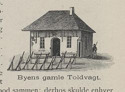 Vaktstua, Byens Vagt, som ble reist på eiendommen i 1720-åra, som som ble revet i 1888. Fra Gamle Christiania-billeder, utgitt 1893.