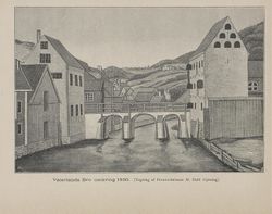 Vaterlands bru omkring 1830, før tre-rekkverket ble avløst av et i jern. Fra Gamle Christiania-billeder, utg. 1893.