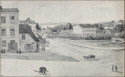 Prestegata ned mot Karl Johans gate, før Stortingsbygningen ble oppført. Fra Gamle Christiania-billeder, utgitt 1893. Tegning: H.J.R. Grüner, 1852.