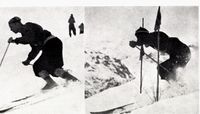 Til venstre: Per Fossum,1910-2004. Til høyre Sverre Lassen-Urdahl, 1913-2005 i Oslo, slalåmkjørere. Foto: Ranheim: Norske skiløpere