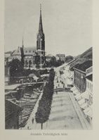 Trefoldighetskirken i Arendal. Illustrasjon fra boka "Storlosjemøtet i Arendal 1918".