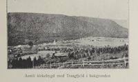 Tettstaden Åmli med Trogefjellet bakom. Foto: Illustrasjon frå boken "Storlosjemøtet i Arendal 1918".