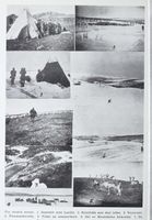 Reindriftssamer. 1. Telt med familie. 2. Reinflokk som skal telles. 3. Vintertelt. 4. Finnmarksvidda. 5. Flokk på sommerbeite. 6. Del av Kautokeino kirkested. 7. På flytting til sommerbeite. 8. Oksereiner. 9. Raide. Illustrasjon fra "Det Norske næringsliv : B. 13 Finnmark", 1952.