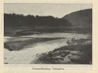 Tømmerfløting i Hvittingfoss ca 1914. Illustrasjon fra boka "Ytre Sandsvær 1814-1914".