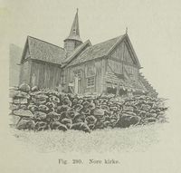 Illustrasjon av Nore stavkirke, hentet fra L. Dietrichsons verk De norske stavkirker (1892).