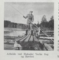 Arbeid ved Hakadal verks sag og høvleri, Nittedal. Foto: Det Norske næringsliv. 12 : Akershus fylkesleksikon, 1952.