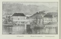 Allegården, Morgenstiernegården og Gasmanngården. Ill. fra boka Knudsen, Finn: Eidanger-Porsgrund. Utg. 1932