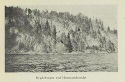 Bygdeborgen ved Henneseidsundet. Foto: fra boka Drangedal med Tørdal av Sannes, Olav/Nasjonalbiblioteket (1924).
