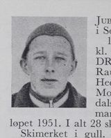 Skogsarbeider Olav Jubskås, født 1918 i Seljord kommune. Langrennsløper for Seljord idrottslag. Ill: Norske skiløpere b.3. (1957).