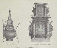 Røkelseskar og altertavle fra ca 1650. Illustrasjon fra boka "Andebu" av Lorens Berg