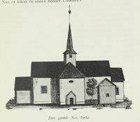 Tegning av Nes kirke. Fra boka Nes, Romerike : en liten bygdebok, utgitt 1931.
