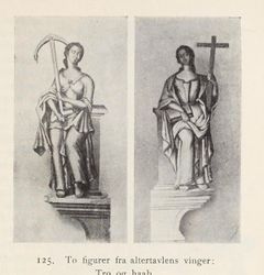 To figurer fra altertavlens vinger, personifikasjoner av tro (kors) og håp (anker). Fra Nøtterø, utgitt 1922.