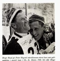 Birger Ruud og Petter Hugsted, OL i St. Moritz 1948. Foto: Norske skiløpere (1960)