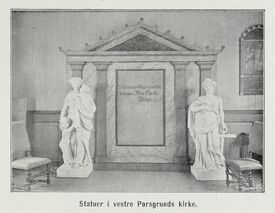 Skulpturer. Foto: Fra boken Porsgrund 1807-1907/Nasjonalbiblioteket (1907).